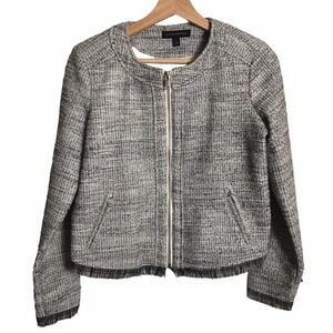 Banana Republic Size 2 Black White Ladylike Boucle Fringe Trim‎ Full Zip Jacket